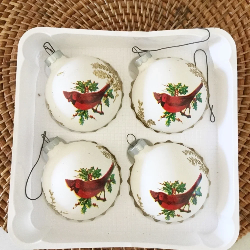 Christmas By Krebs Bird Ornaments 4 Vtg Frosted Glass White Gold Cardinal Robin